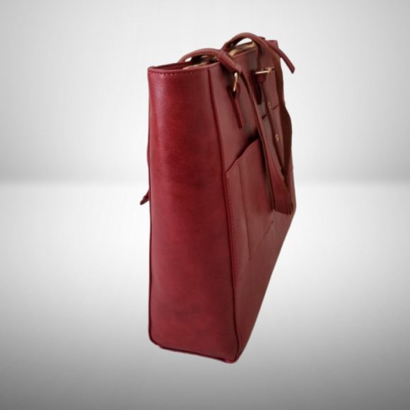 NWT! Burgundy Faux Leather Tote Bag w/Laptop Divider & Luggage Strap - Picture 8 of 14